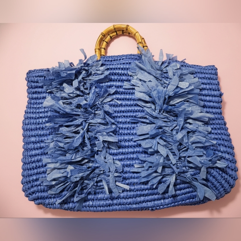 Elegant Blue Raffia Tote with Bamboo Handle